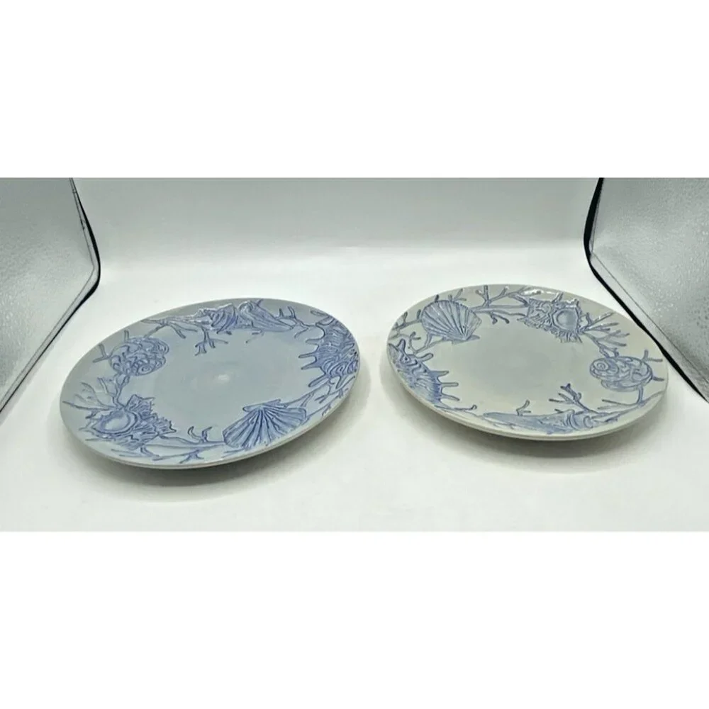 Pottery Barn Salad Plate Dessert Blue Shell Ocean Beach Coastal Coral  8